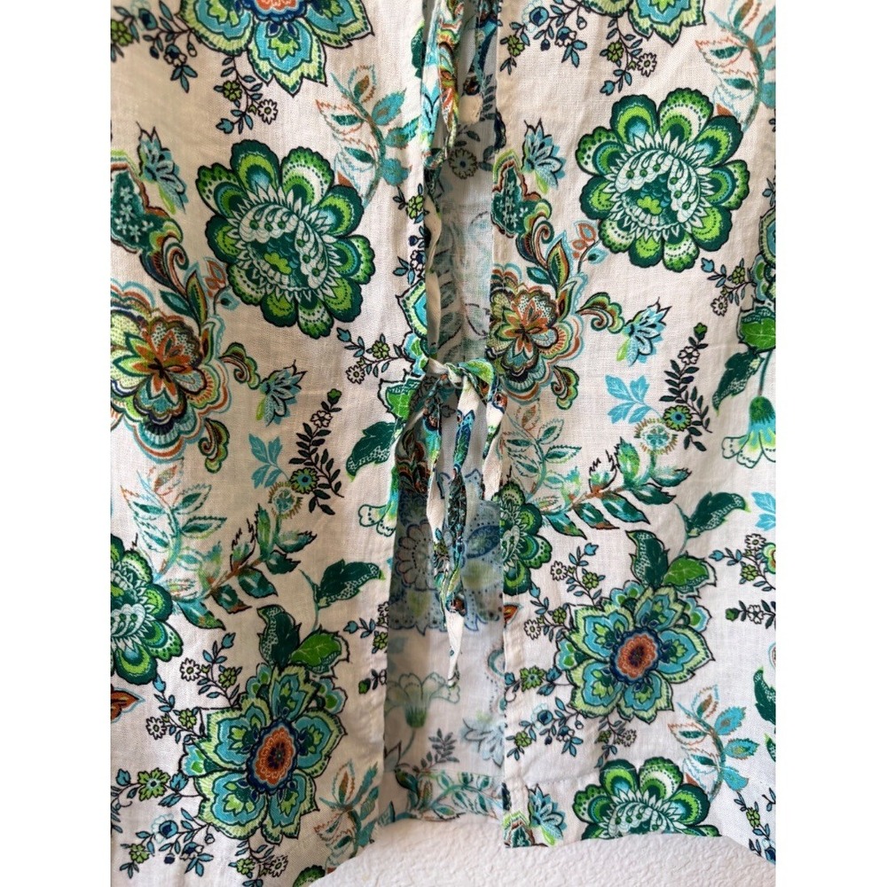 Womens Floral Linen Rayon Sleeveless Blouse Top Green Blue White Tie Back size X - Picture 9 of 13